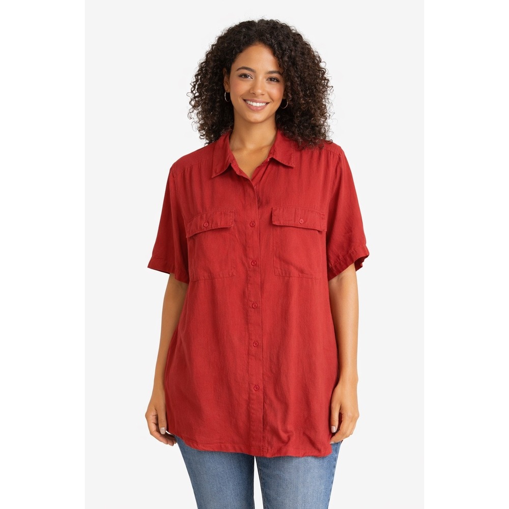 Christie Jill Red Petite Large 100% Silk‎ Vintage Short Sleeve Button Down Shirt